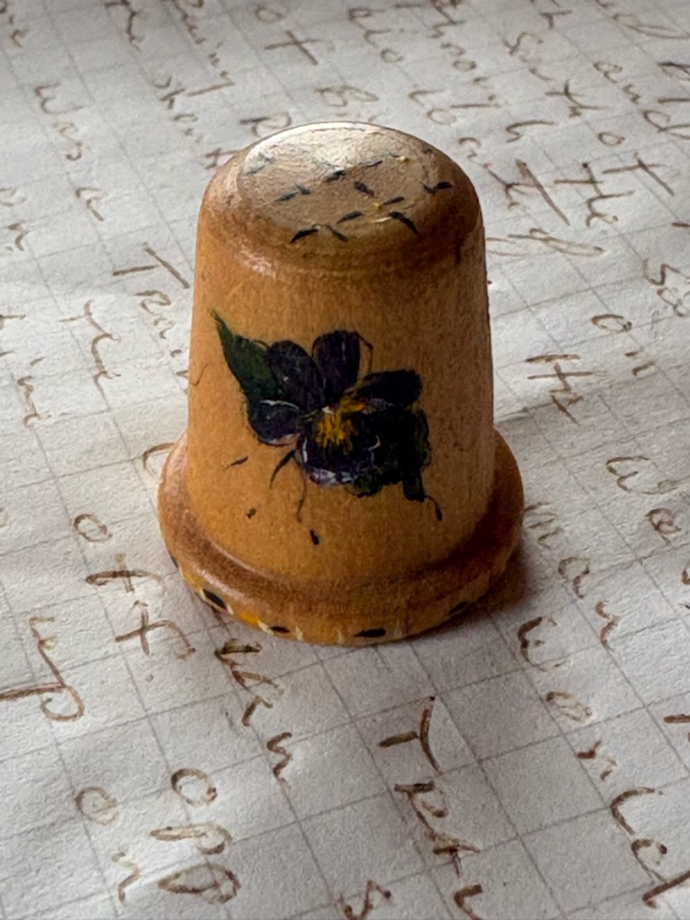 Hand-Painted Wooden Thimble with Violet Motif